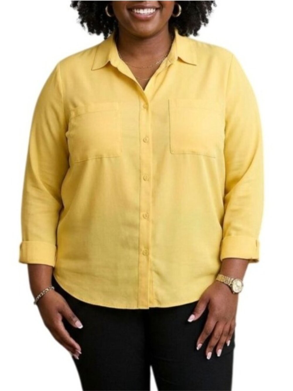 NY Collection Size XL Top Collared Button-Up Chest Pockets Roll-Tab Sleeves